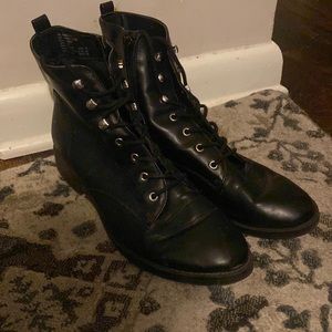 Black, lace-up, fux leather ankle boots